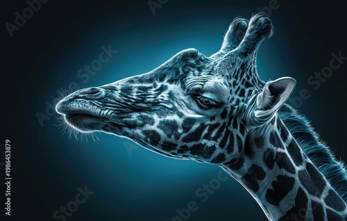 Cinematic profile of a majestic giraffe in intense teal lighting representing emotion and resilience created with Generative AI Technology, ai, generative