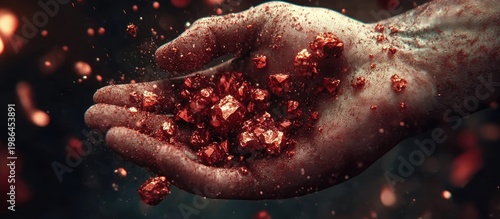 Hand holding red crystals, fiery background, fantasy setting, game concept art