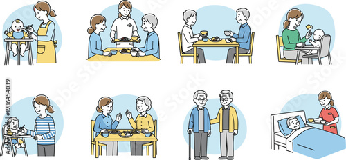 Comprehensive Healthcare and Lifestyle Vector Set Featuring Childcare Feeding Seniors Dining Together Caregivers Assisting Elderly Patients and Nursing Home Support Services