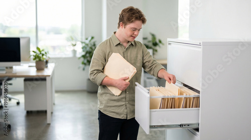 Young man with down syndrome organized files in a white cabinet in a modern office, inclusive workplace, professional development, clerical task.