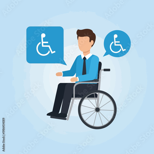 Flat vector illustration of a male professional in a wheelchair with blue speech bubbles containing the universal access icon, symbolizing disability inclusion and workplace rights.