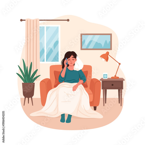 Vector illustration of an unwell woman sitting in an orange armchair wrapped in a white blanket, talking on a smartphone to call in sick while recovering at home in a living room.