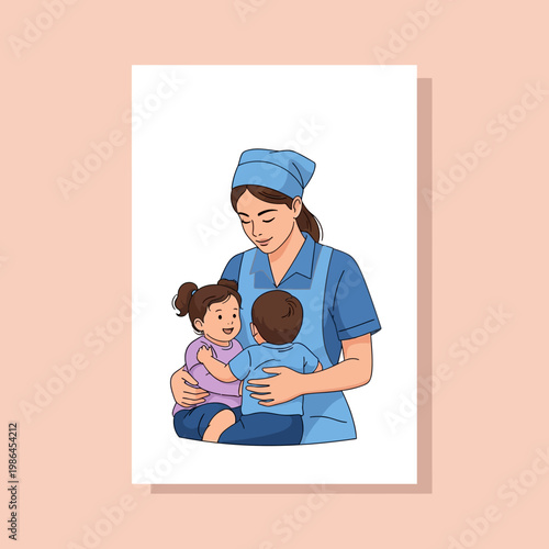 Vector illustration of a female childcare provider in a blue uniform and cap, caring for two young children, a boy and a girl, in a professional daycare or nursery school setting.