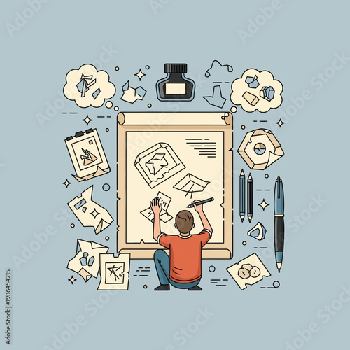 Flat vector illustration of a cartoonist in an orange shirt drawing on a large paper scroll, surrounded by an ink bottle, pens, pencils, and various artistic sketches and diagrams.