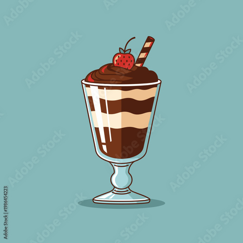 Layered chocolate and vanilla cream parfait in a glass goblet topped with chocolate mousse, a whole strawberry, and a striped wafer stick, vector illustration on blue background.