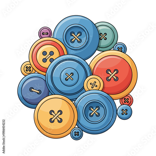 Cluster of colorful cartoon sewing buttons in various sizes, featuring shades of blue, yellow, and red with four-hole and two-hole designs, isolated on a white background vector illustration.