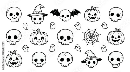 A delightful collection of charming Halloween cartoon vector illustrations featuring skulls, smiling pumpkins, spooky ghosts, and witch hats for holiday designs.