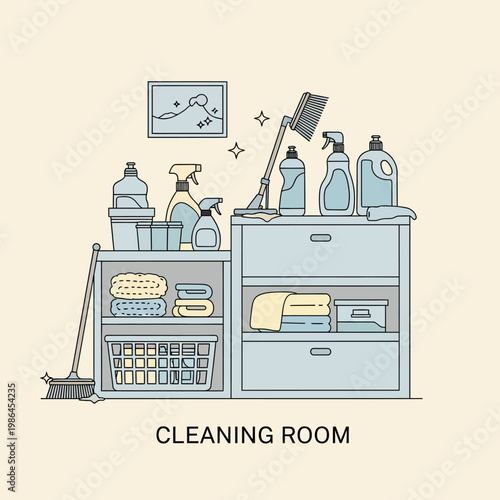Flat vector illustration of a cleaning room organization setup with storage cabinets, detergent spray bottles, liquid soap, folded towels, laundry basket, broom, and house cleaning supplies.