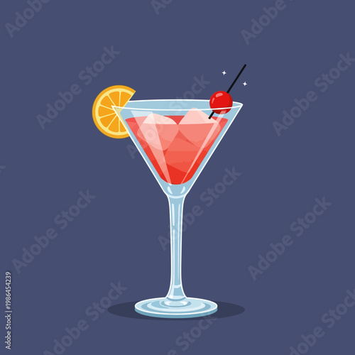 Flat vector illustration of a pink cosmopolitan cocktail in a martini glass with ice cubes, garnished with an orange wheel and a red cherry on a cocktail pick, dark blue background.