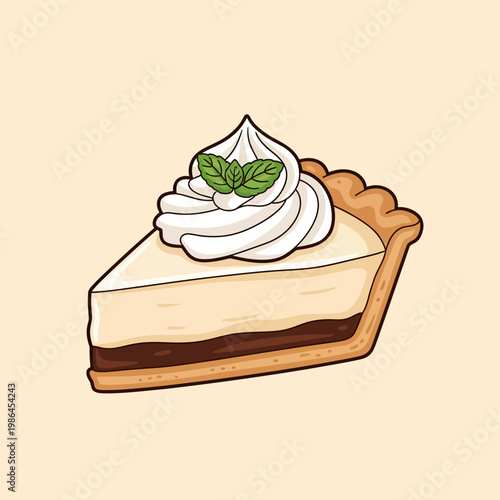 Vector illustration of a single slice of coconut cream pie with a dark chocolate bottom layer, topped with a swirl of whipped cream and mint leaves on a neutral background.