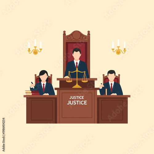 Minimalist courtroom illustration featuring a judge and two legal professionals seated at a wooden bench with gold scales of justice, law books, and judicial wall sconces.
