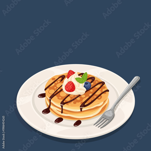 Vector illustration of a stack of pancakes on a white plate topped with whipped cream, fresh strawberries, blueberry, mint leaf and chocolate sauce drizzle, with a silver fork.