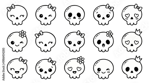 Adorable collection of fifteen charming kawaii skull vector illustrations showcasing diverse expressions and cute accessories perfect for Halloween designs.