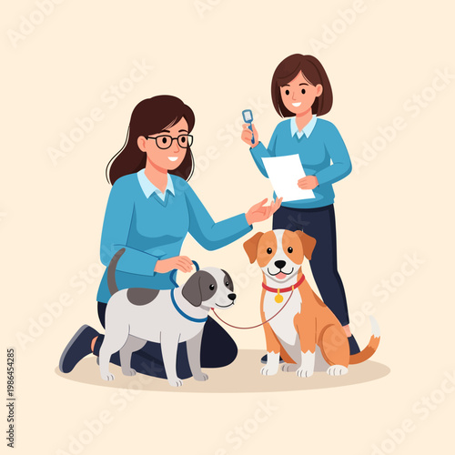 Flat vector illustration of two female veterinary staff or animal shelter volunteers caring for two dogs; one woman kneels petting a spotted dog while the other holds a medical report.