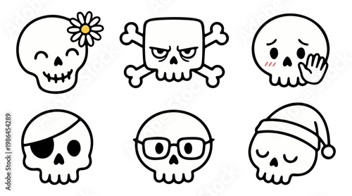 Charming collection of six cute cartoon skull vector illustrations depicting various emotions, expressions, and whimsical accessories for diverse graphic design projects.