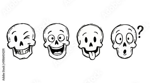 A collection of four hand-drawn vector skull illustrations showcasing various humorous expressions and spooky emotions for Halloween graphic design.