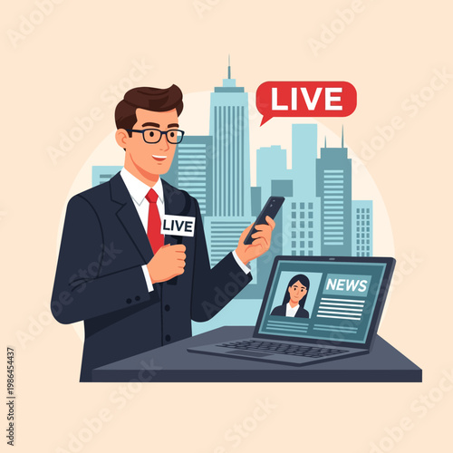 Male journalist in a suit and glasses holding a microphone and smartphone, reporting live news with a laptop showing a digital broadcast against a city skyline background vector.