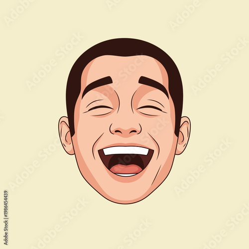 Vector illustration of a laughing man with eyes closed and mouth wide open showing teeth and tongue, depicting intense joy and happiness, isolated on a light cream background.