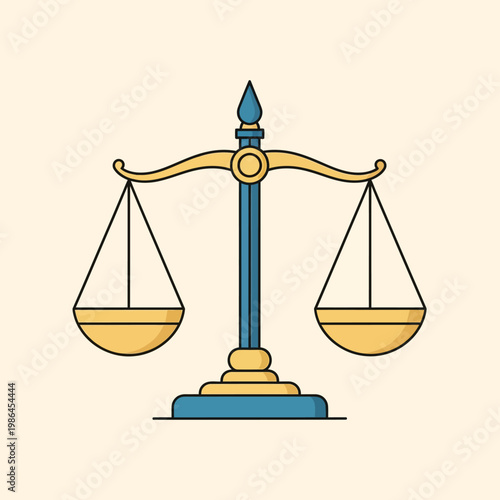Minimalist flat design vector illustration of the scales of justice with a blue central pillar and golden yellow balance pans, symbolizing law, legal equality, and the judicial system.