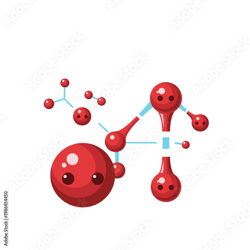 Vector illustration of a red molecular lipid structure with connected spherical atom models on a white background, representing fatty acids, cholesterol, and biochemical bonds.