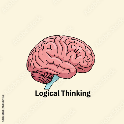 Pink anatomical human brain vector illustration with black outlines and the text Logical Thinking underneath, featuring the cerebral cortex and cerebellum on a cream background.