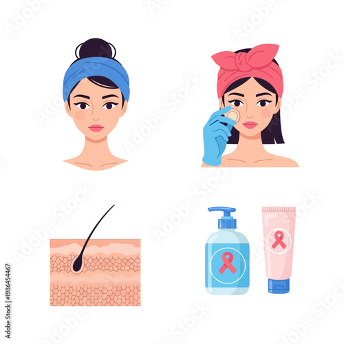Skin cancer awareness vector illustration set featuring a woman receiving a facial checkup, a skin cross-section showing hair follicle layers, and medicinal cream bottles with pink ribbons.