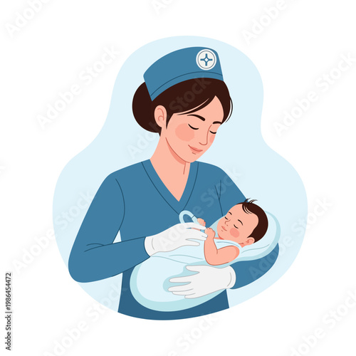 Flat vector illustration of a professional midwife or pediatric nurse in blue medical scrubs holding a swaddled newborn infant with a pacifier against a white background.