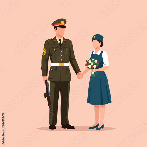 Flat vector illustration of a male soldier in formal olive green uniform holding a rifle and a woman in a blue dress and side cap holding a bouquet of flowers, holding hands.