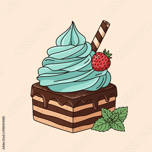 Vector illustration of a square layered chocolate cake topped with chocolate ganache drip, a mint green whipped cream swirl, a red strawberry, a striped wafer stick, and fresh mint leaves.
