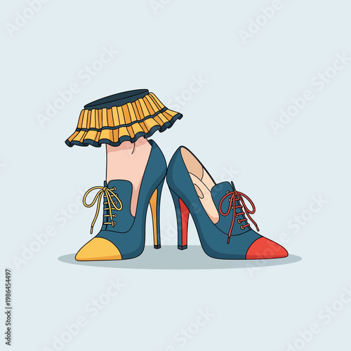 Vector illustration of a pair of mismatched blue high-heeled lace-up shoes with one yellow cap toe and one red cap toe, featuring a ruffled yellow ankle cuff on a light background.