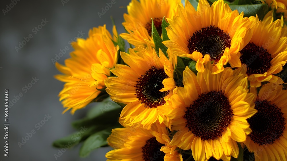 Fototapeta premium Bouquet of sunflowers, high angle view, close up, differential focus 