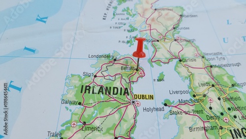 View of Belfast, is the capital city and principal port of Northern Ireland, on a geographical map of Europa, marked with red push pin