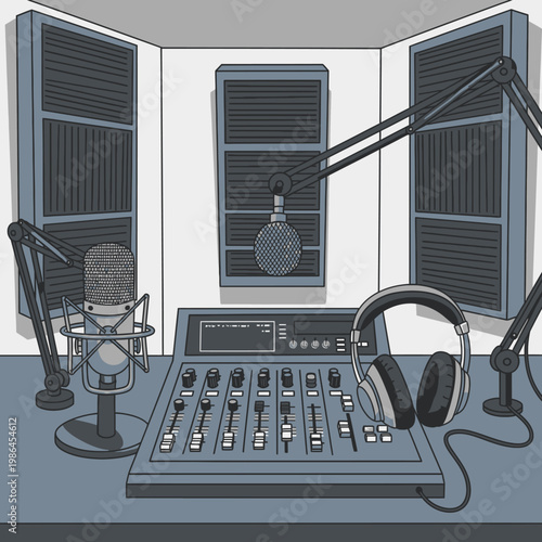 Vector illustration of a professional radio broadcasting studio setup featuring a multi-channel audio mixing console, condenser microphones on boom arms, headphones, and acoustic panels.
