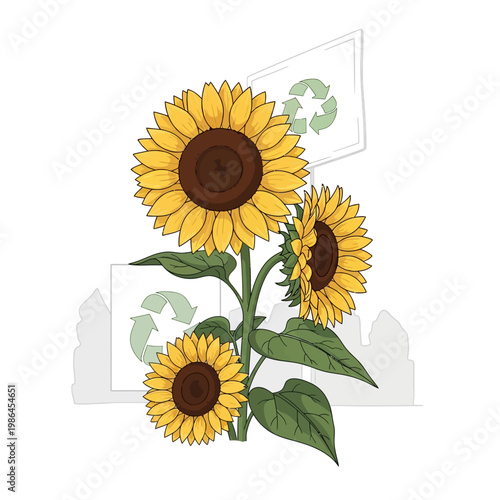 Vector illustration of three yellow sunflowers with green leaves in the foreground, featuring protest placards with recycling symbols and a faint grey city skyline on a white background.