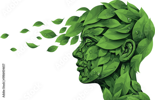  Creative Human Head Profile Made of Green Leaves Blowing in Wind for Ecology, Mental Health, Nature, Environment, and Concept Art Designs
