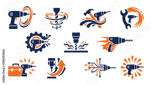 Collection of stylized drill icons representing various drilling applications and concepts in a modern graphic style.