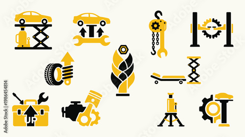 Collection of Automotive Repair and Maintenance Icons, Featuring Tools, Car Lifts, and Engine Components.
