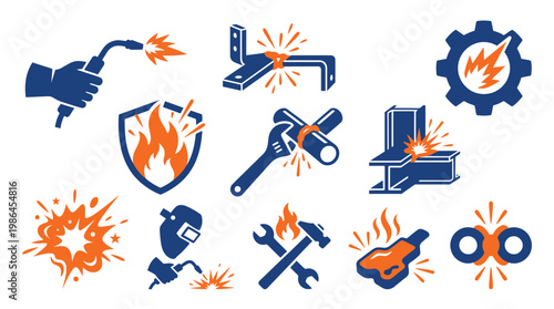 Collection of welding and metalworking icons, illustrating various processes and safety symbols.