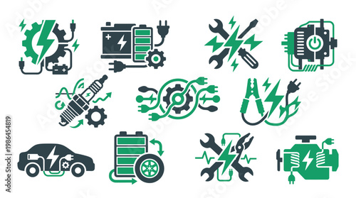 Collection of electric vehicle and automotive technology icons, illustrating charging, batteries, engines, and repair tools.