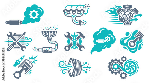 Collection of stylized icons representing various aspects of automotive mechanics, engine parts, and exhaust systems.