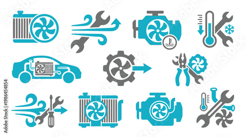 Collection of automotive cooling system and air conditioning service icons, featuring radiators, fans, engines, wrenches, and thermometers.