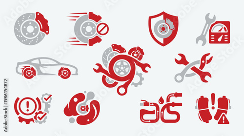 Collection of stylized red and gray automotive service and repair icons, including brake systems, cars, tools, and warning indicators.