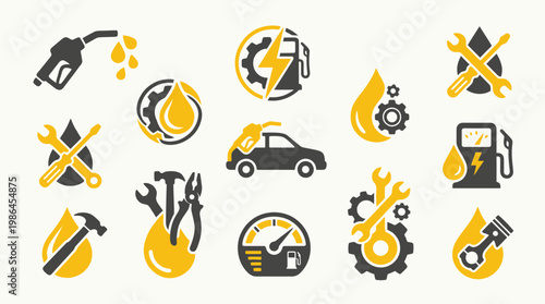 A collection of automotive service and repair icons, including fuel pumps, wrenches, tools, and car maintenance symbols.