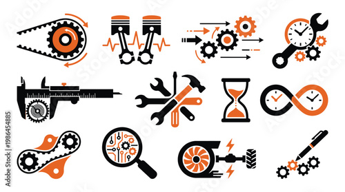 A collection of engineering and mechanical icons representing various aspects of industry, precision, and time management.