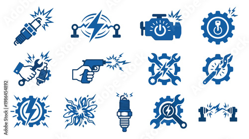 Collection of blue icons representing electrical and mechanical repair, including spark plugs, wrenches, gears, and electrical symbols.