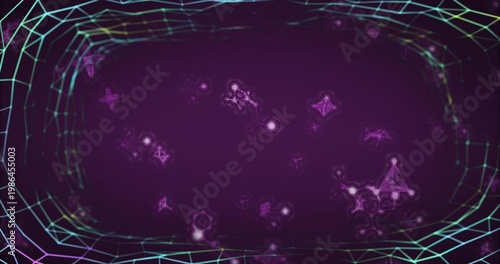Glowing central particle field pulsing inside virtual sci-fi tunnel, with neon wireframe border