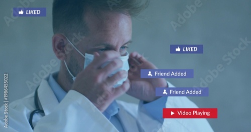 Getting floating UI alerts, doctor adjusting mask while preparing for medical exam with LIKED tags