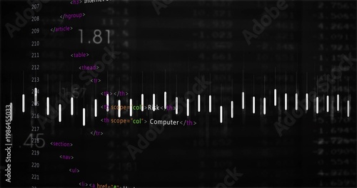 Showing white waveform bars running across dark UI, with code tags, line numbers, numbers 1