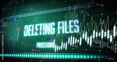 Showing glowing DELETING FILES PROCESSING on UI console, displaying candles, nodes, progress bar