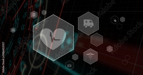 Pulsing hexagonal heart panel receiving ECG signal on tilted grid, showing medical icons for care